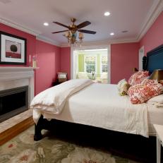 Pink Traditional Master Bedroom With Fireplace