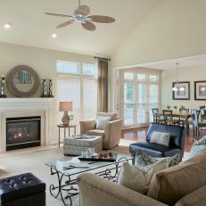 Transitional Neutral Living Room With Ceiling Fan