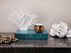 White Coral Accessories on Table Vignette