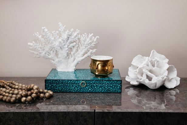 White Coral Accessories on Table Vignette