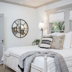 Contemporary White Master Bedroom with White Headboard 
