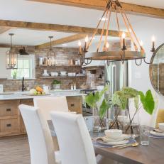 Rustic White Open Concept Kitchen with Neutral Exposed Beams  
