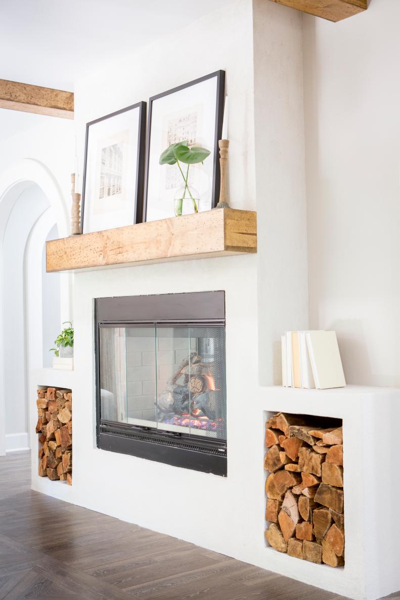 White Living Room with Neutral Wood Mantel 