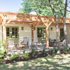 Contemporary White Porch with Neutral Wood Pergola 