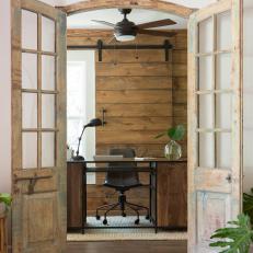 Rustic Brown Home Office with Barn-Door Style Window Treatment 