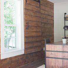 Rustic Neutral Home Office with Brown Sliding Barn Door Windows 