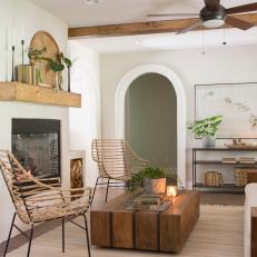 Rustic White Living Room with Neutral Exposed Beams 