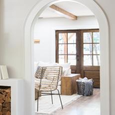 White Rustic Living Room with Brown French Doors 