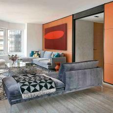 Gray and Orange Modern Living Room With Paneling