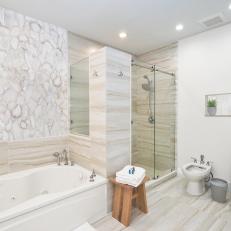 White Spa Bathroom With Wood Stool