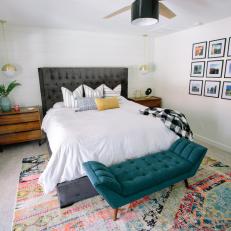 Eclectic Bedroom With Blue Bench