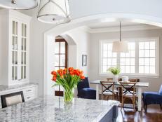 White Open Plan Transitional Kitchen With Tulips