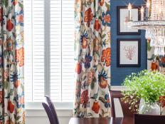 Blue Traditional Dining Room With Floral Curtains