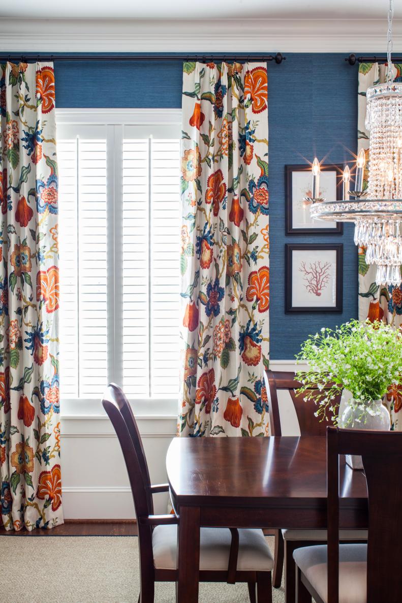 Blue Dining Room With Floral Curtains