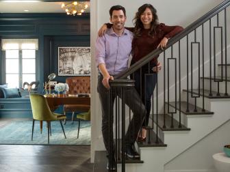Drew Scott and fiancé Linda Phan in their newly renovated foyer, as seen on Property Brothers at Home: Drew’s Honeymoon House.