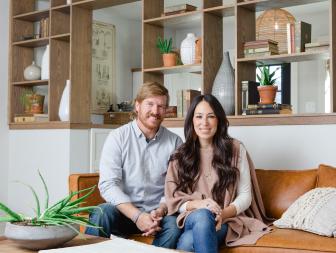 Chip and Joanna Gaines in the family room of the Baker's newly remodeled home, as seen on Fixer Upper. (After)