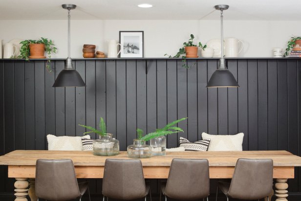  Neutral Breakfast Nook with Black Shiplap Wall and Tan Table 