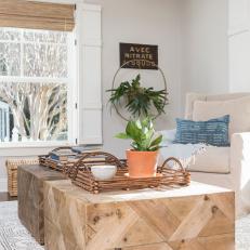 Neutral Cottage Living Room with Brown Block Coffee Tables