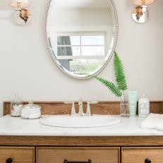 Contemporary Neutral Master Bathroom with Brown Vanity 