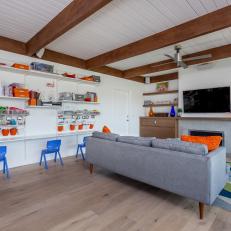Midcentury Modern Multicolored Living Room With Blue Chairs