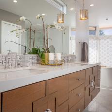 Midcentury Modern Bathroom With Geometric Backsplash