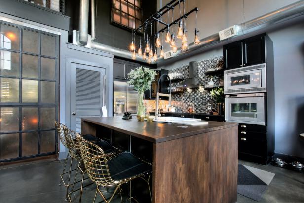 Black and Gray Kitchen With Warm Wood Island