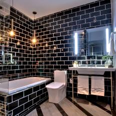 Black Bathroom With Striped Floor