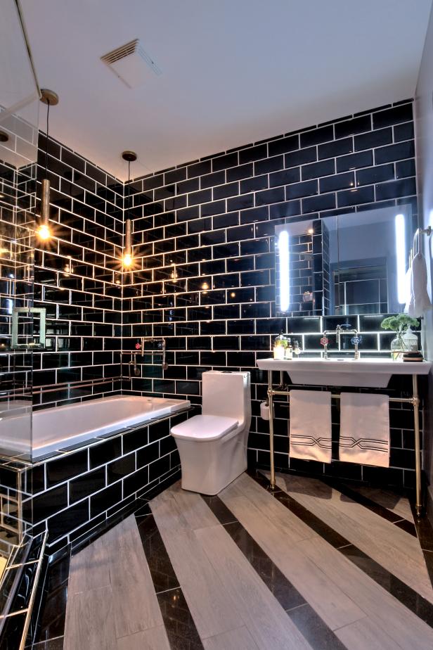 Black Bathroom With Striped Floor | HGTV