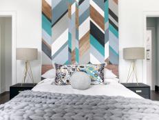 Bedroom with Colorful Geometric Painted Wood Headboard