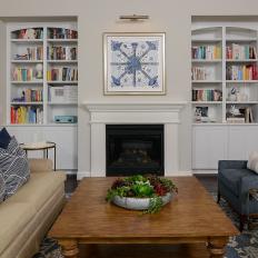 Living Room Sitting Area Bordered by Built-In Bookcases