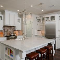 White Eat-In Transitional Kitchen With Oversized Island