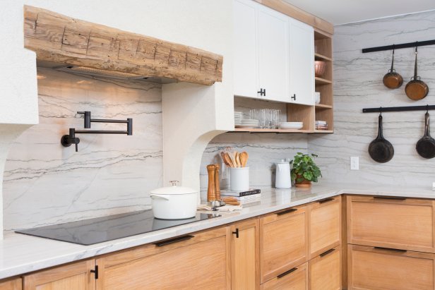 White Kitchen with White Marble Backsplash, Cabinets, Countertops