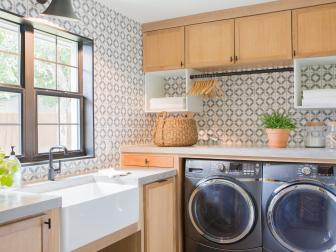 Neutral Laundry Room with White Farmhouse Sink, Beige Cabinets 