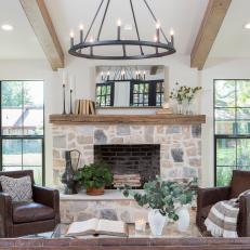 Contemporary White Living Room with Gray Stone Fireplace 