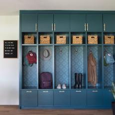 Neutral Midcentury Modern Family Room with Teal Lockers 