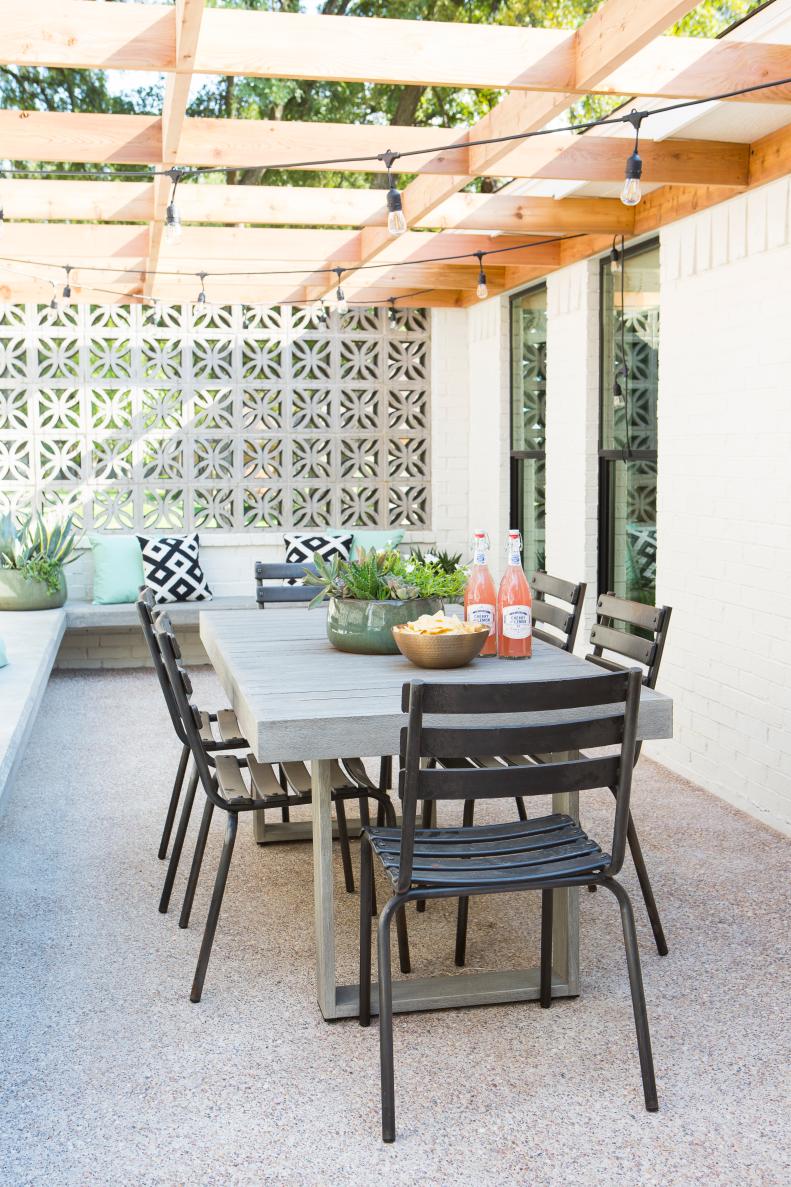 Gray Patio with Gray Upholstered Bench and Dining Set 