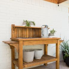 Neutral Midcentury Modern Patio with Brown Wooden Shelving 