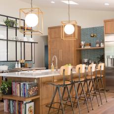 Neutral Midcentury Modern Kitchen with Hardwood Brown Floors 