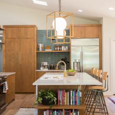 Neutral Midcentury Modern Kitchen with Gold Pendant Lights 