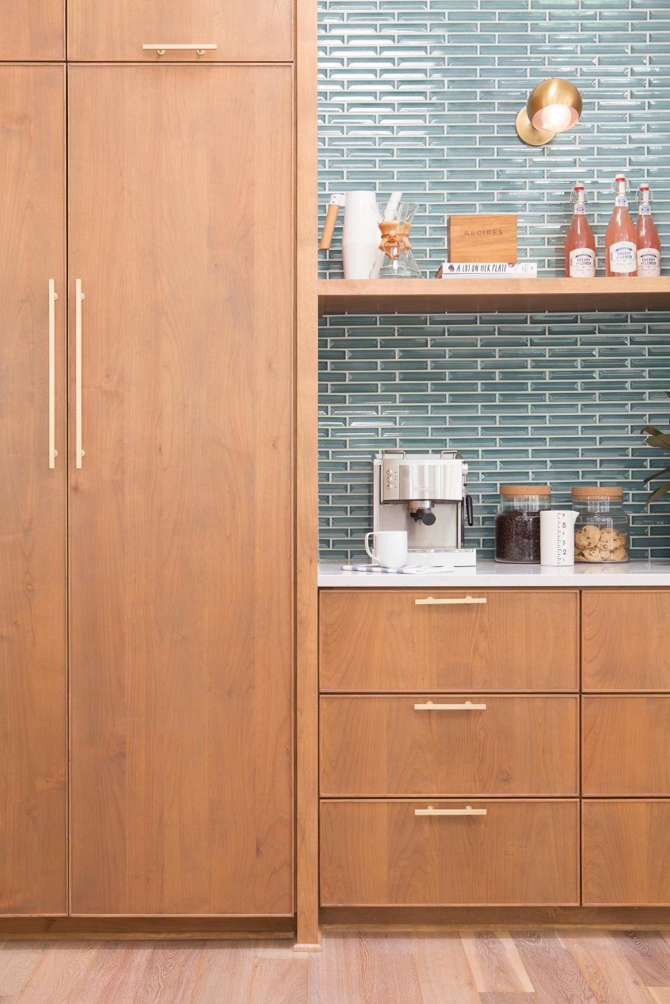 Neutral Midcentury Modern Kitchen with Blue Tile Backsplash ...