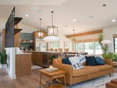Neutral Open Concept Kitchen and Living Room with Brown Leather Sofa 