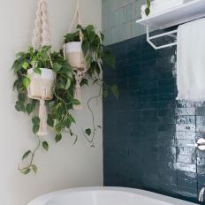 White Midcentury Modern Bathroom with Blue Tile Accent Wall