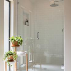 White Midcentury Modern Master Bathroom with Glass Shower 