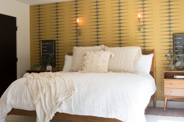 Neutral Midcentury Modern Master Bedroom with Yellow ...