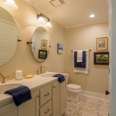 Contemporary Neutral Master Bathroom with Blue and Gold Tile Floor 