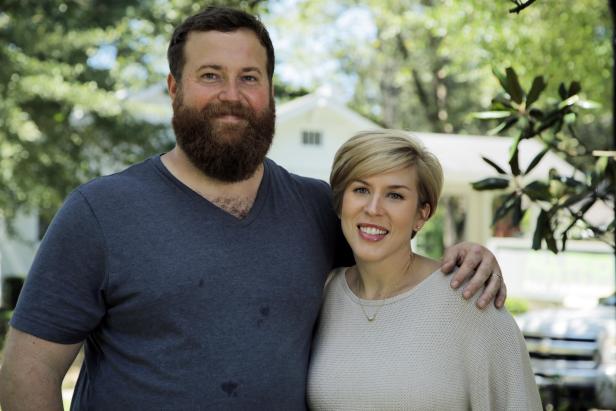 Host Ben and Erin share big smiles during filming on Home Town