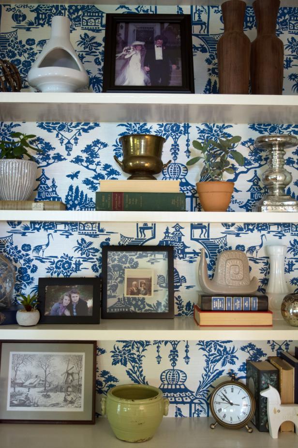 White Built-In Shelf with Blue and White Wallpaper 