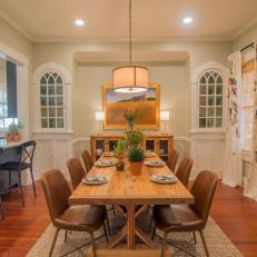 Neutral Craftsman Dining Room with White Bookcases 