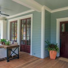 Blue Craftsman Porch with Red French Doors