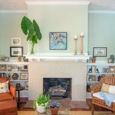 Green Craftsman Living Room with Neutral Fireplace Surround  